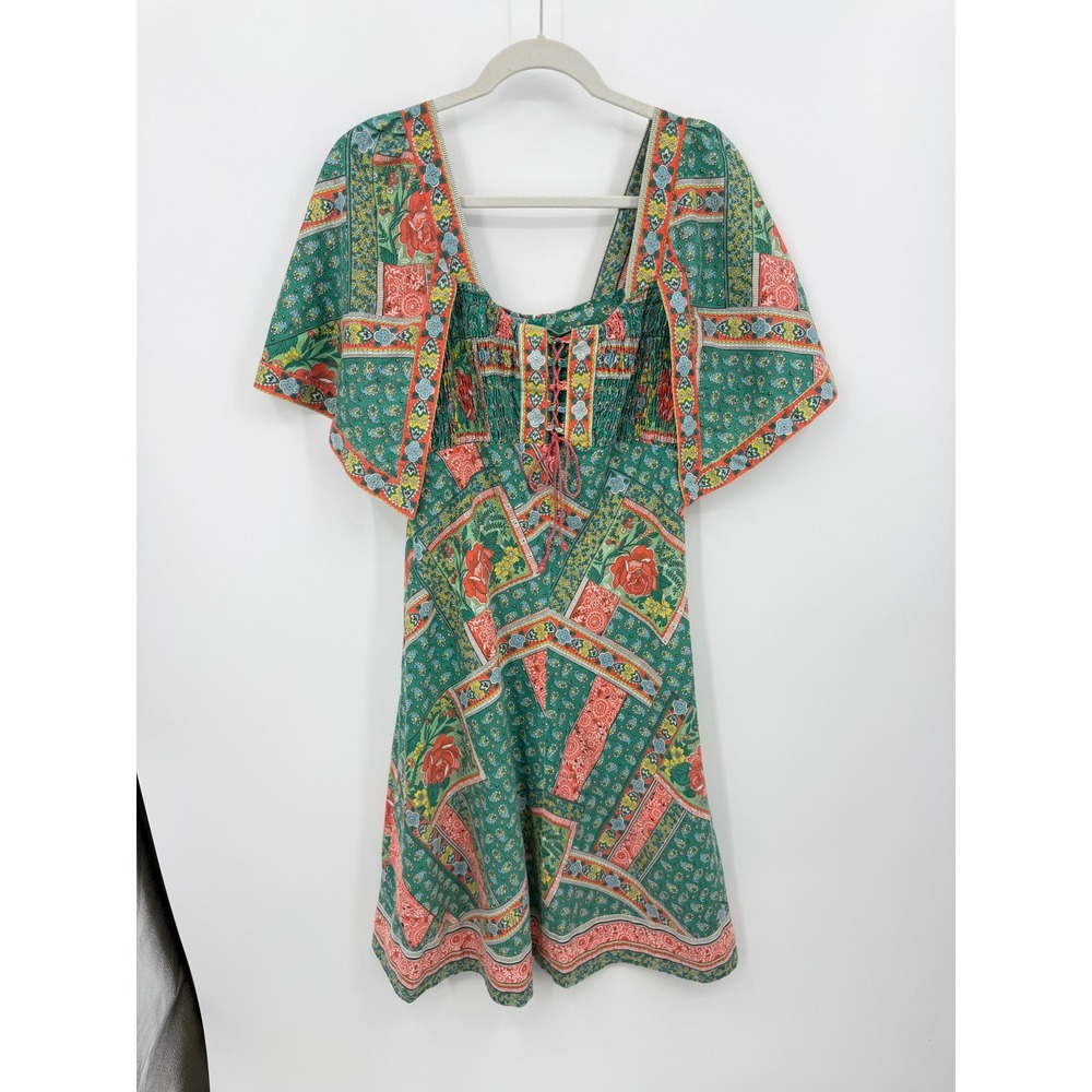 Jody of California Vintage Mini Dress Women M Green Floral Patchwork Boho Dress